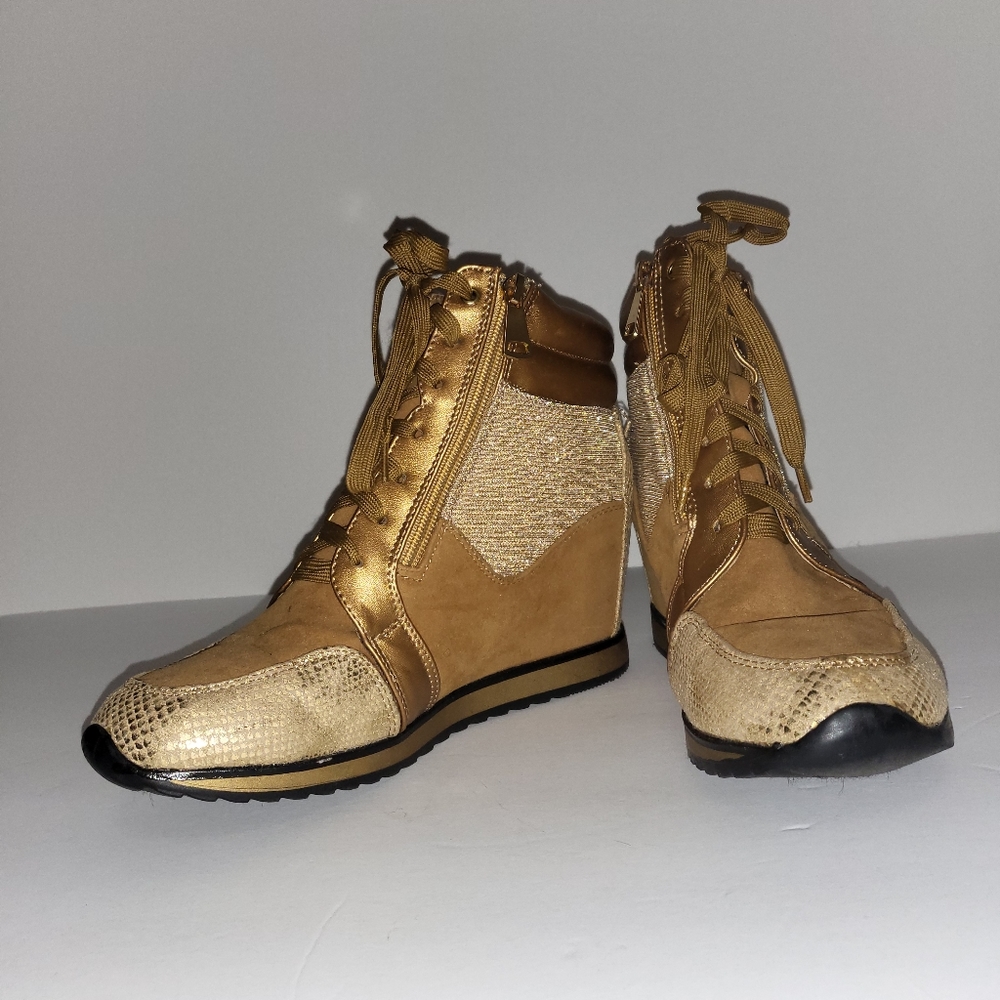 Gold Metalic Snake print wedge sneaker
